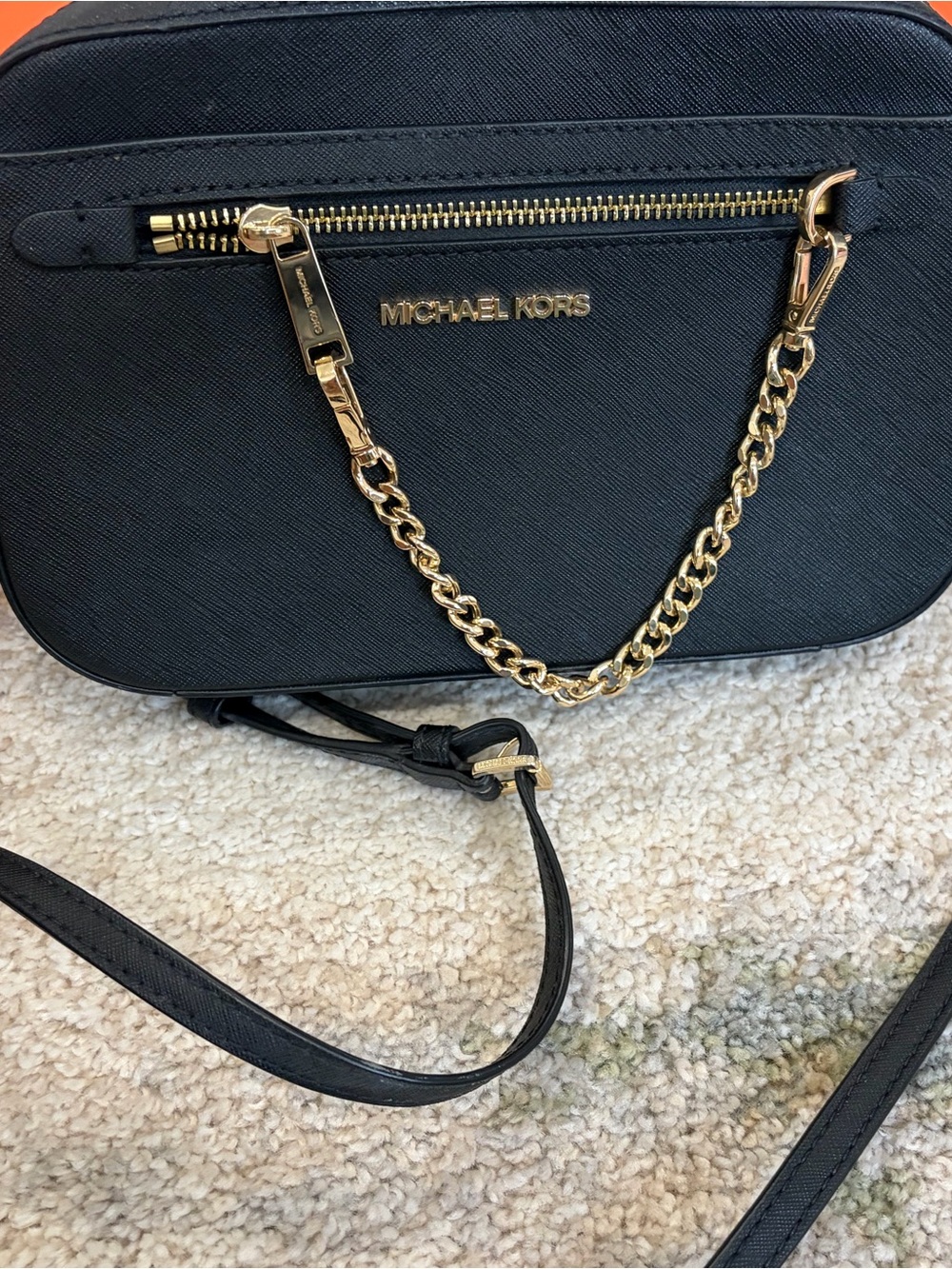 Michael Kors Black Saffiano Crossbody with Gold Chain Detail